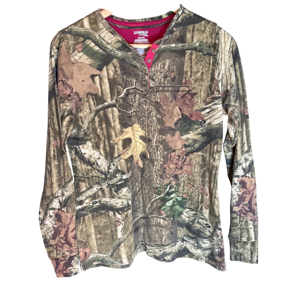 MossyOak Break-Up InfinityCamo Henley Shirt Women's M Pink Accent Long Sleeve